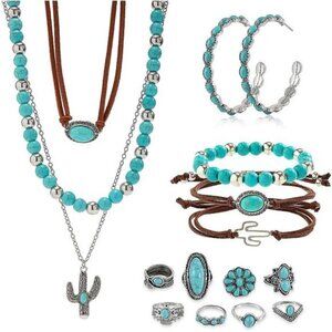 16 Pcs Western Jewelry for Women Bohemian Set, Boho Pendant Faux Turquoise